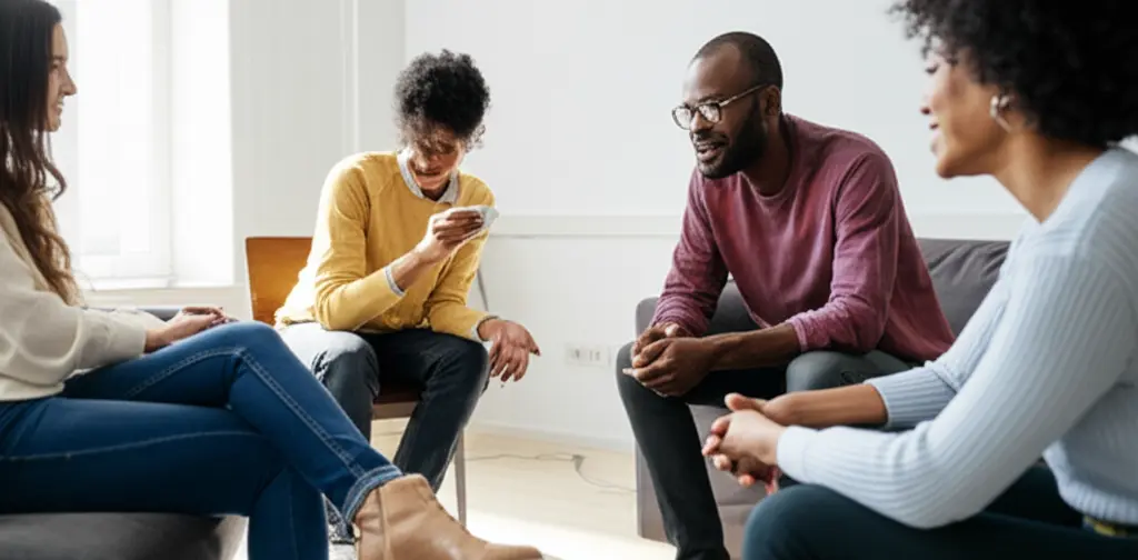 Diverse group in a living room, representing the peer support found in sober living homes.