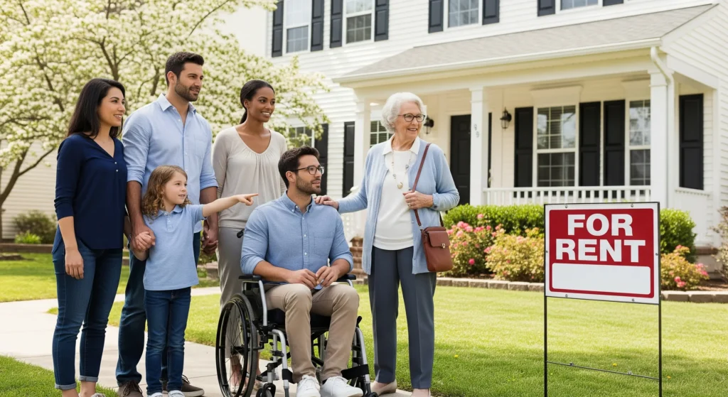A diverse group of individuals and families, including a senior and a person with a disability, standing in front of a For Rent sign, highlighting the high demand for Section 8 housing and the stability it provides to tenants.