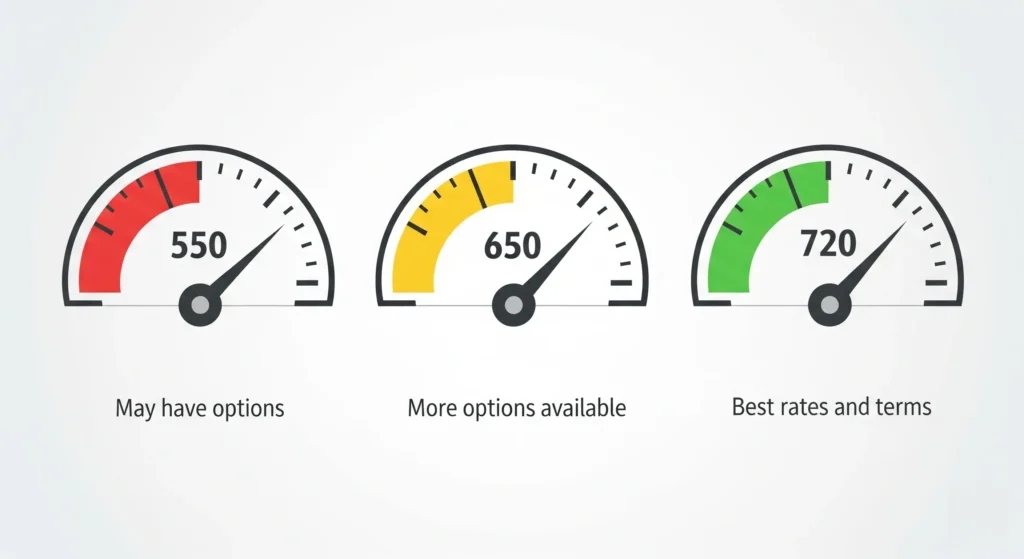 Graphic illustrating different credit score ranges and their potential impact on access to business loans.