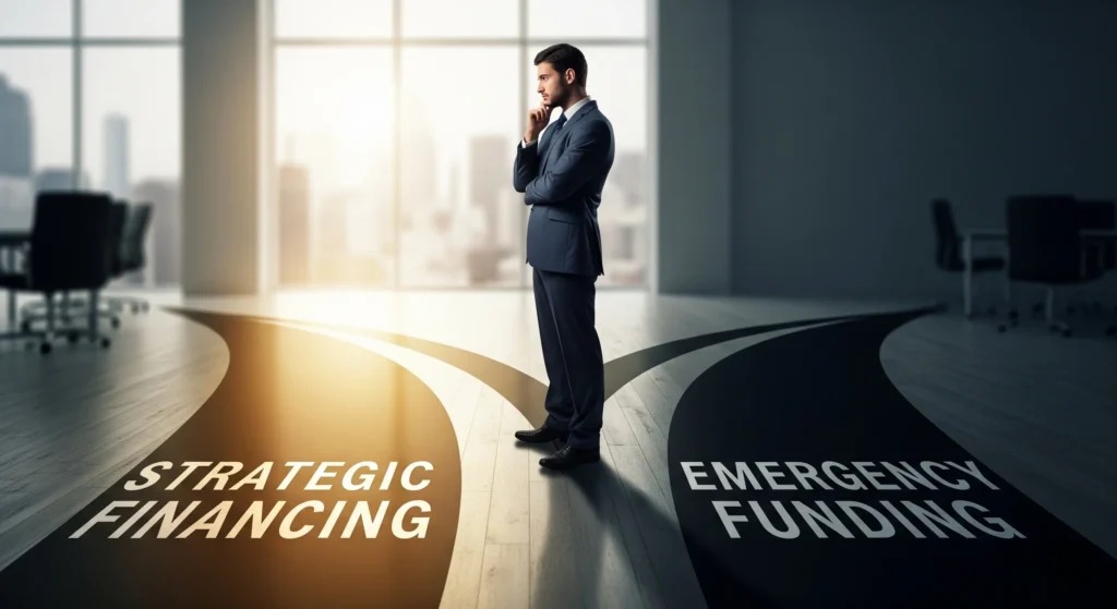 Image depicting a businessperson choosing between two paths labeled "Strategic Financing" and "Emergency Funding," emphasizing thoughtful financial decision-making.