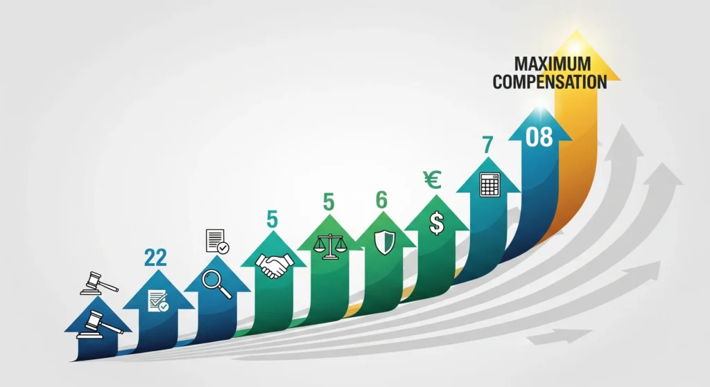 Infographic with 8 upward arrows and icons, representing strategies to achieve maximum compensation in a legal claim.