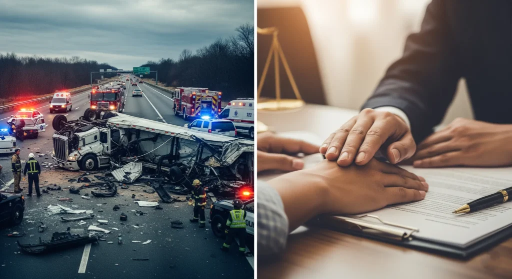 Split image showing a chaotic truck accident scene and a lawyer's hand guiding a client through legal documents.