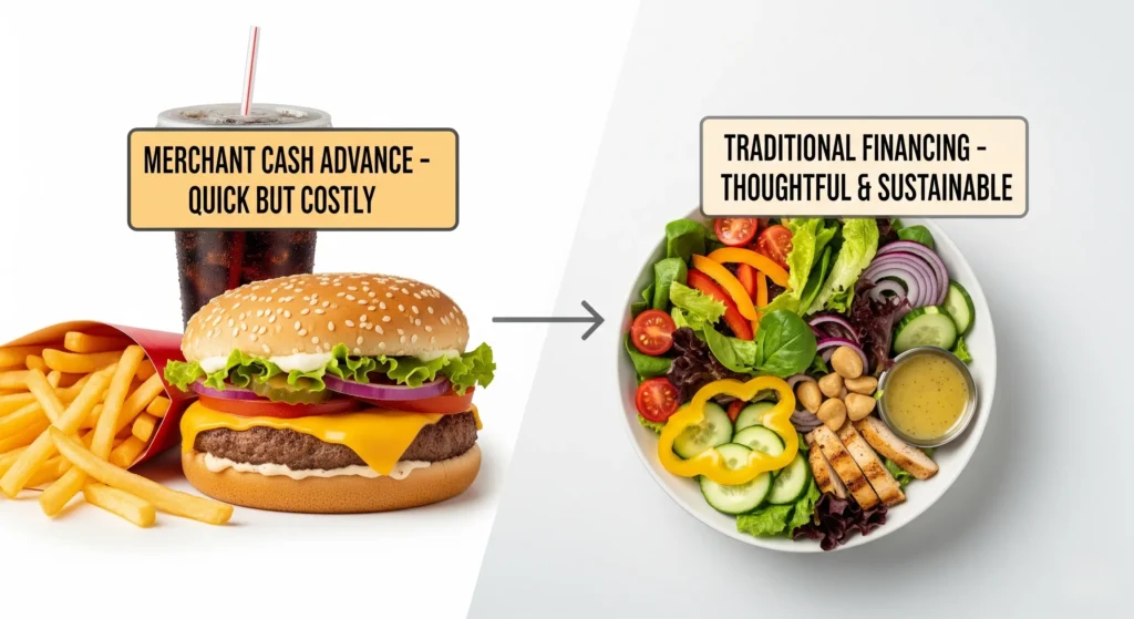 symbolizing the trade-offs between quick and potentially expensive Merchant Cash Advances versus more considered financing.